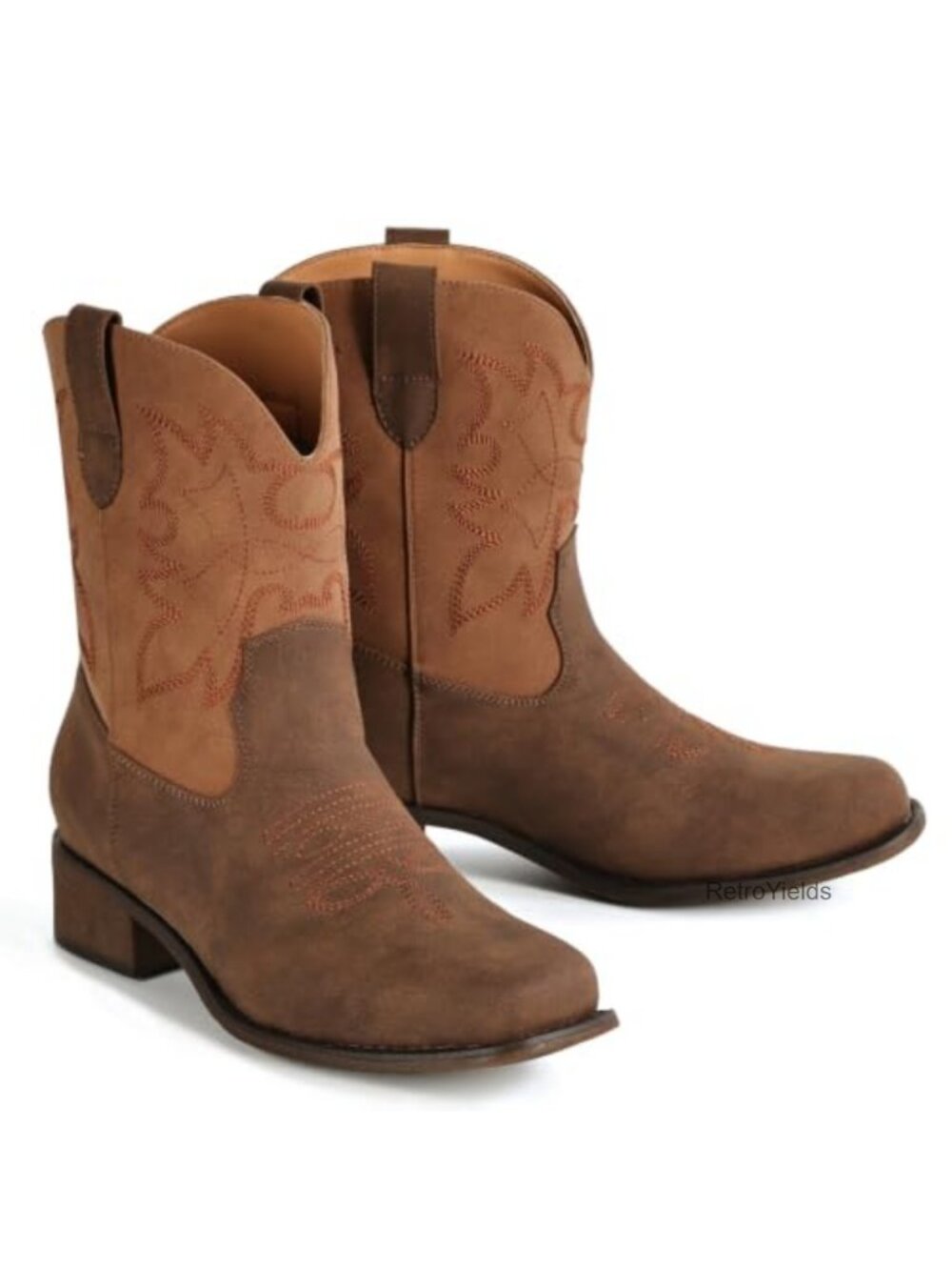 Women's Square Toe Ankle Western Cowgirl Boots Embroidered Faux Leather